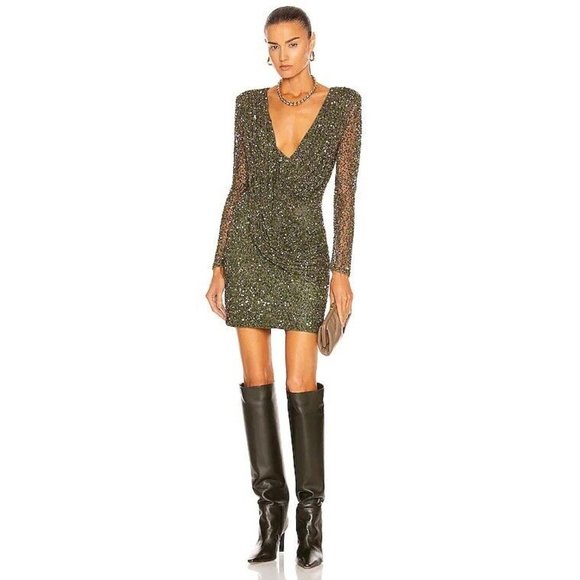retrofete Yael Dres Olive Green Mini Sequin Deep V Party - Picture 3 of 11